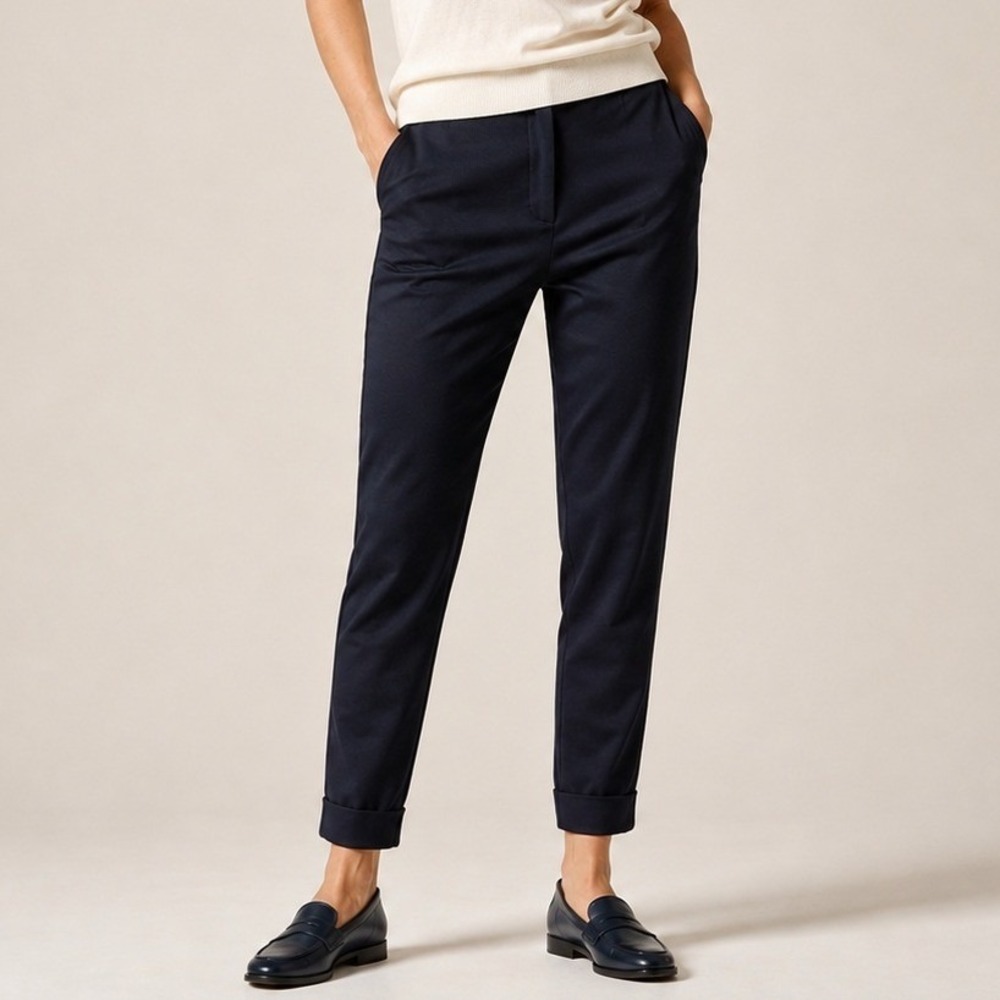 Akris Wool Tapered Trousers 6 Navy Blue Cuffed Knit Ankle Pants
